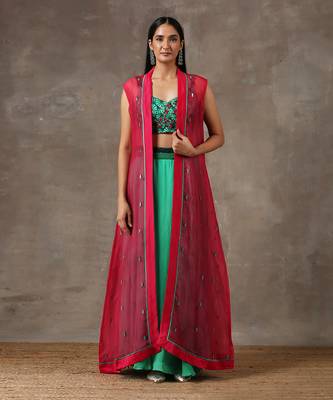 Solid Green Lehenga With Cape (Set Of 3) 1