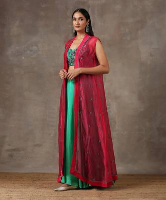 Solid Green Lehenga With Cape (Set Of 3) 2
