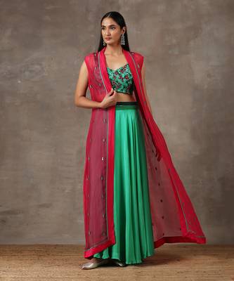 Solid Green Lehenga With Cape (Set Of 3) 3