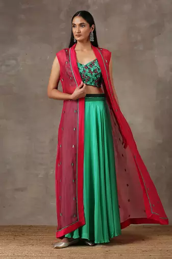 Solid Green Lehenga With Cape (Set Of 3)
