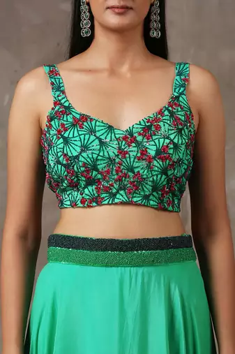 Solid Green Lehenga With Cape (Set Of 3)