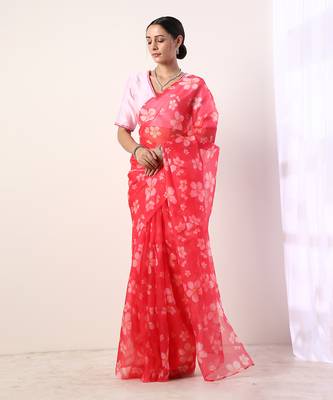 Hot Pink Printed Organza Saree (Set Of 2) 1