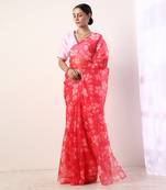 Hot Pink Printed Organza Saree (Set Of 2)