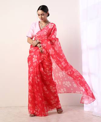 Hot Pink Printed Organza Saree (Set Of 2) 2