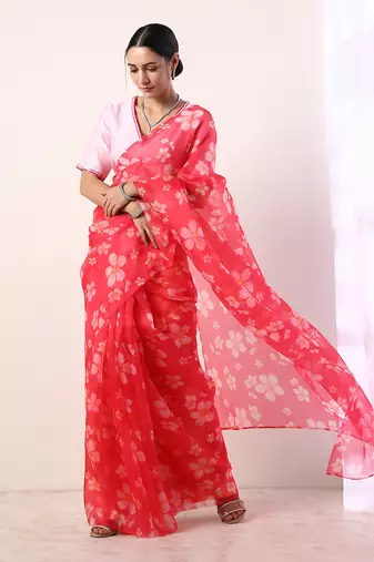 Hot Pink Printed Organza Saree (Set Of 2)