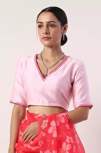 Hot Pink Printed Organza Saree (Set Of 2)