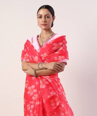 Hot Pink Printed Organza Saree (Set Of 2) 4