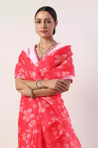 Hot Pink Printed Organza Saree (Set Of 2)