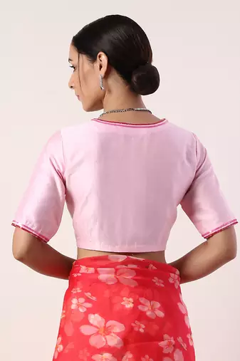 Hot Pink Printed Organza Saree (Set Of 2)