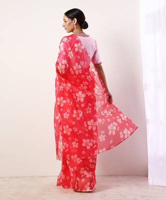 Hot Pink Printed Organza Saree (Set Of 2) 6