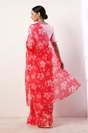 Hot Pink Printed Organza Saree (Set Of 2)