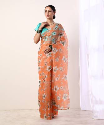 Coral Printed Organza Saree With Teal Blouse (Set Of 2) 1