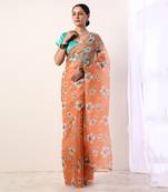Coral Printed Organza Saree With Teal Blouse (Set Of 2)