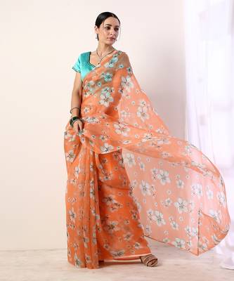Coral Printed Organza Saree With Teal Blouse (Set Of 2) 2