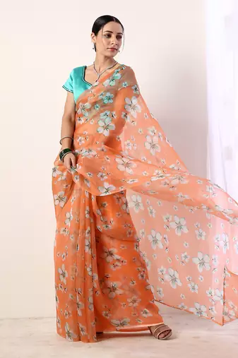 Coral Printed Organza Saree With Teal Blouse (Set Of 2)