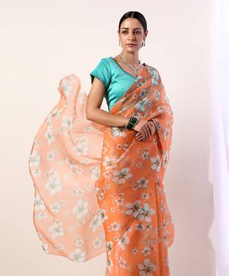 Coral Printed Organza Saree With Teal Blouse (Set Of 2) 3