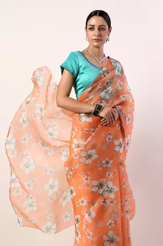 Coral Printed Organza Saree With Teal Blouse (Set Of 2)