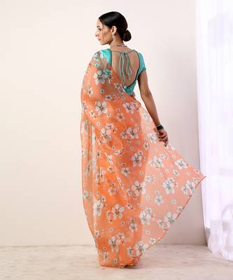 Coral Printed Organza Saree With Teal Blouse (Set Of 2) 4