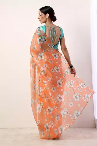Coral Printed Organza Saree With Teal Blouse (Set Of 2)