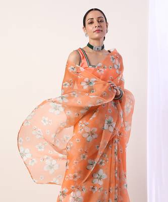 Coral Printed Organza Saree With Coral Blouse (Set Of 2) 2