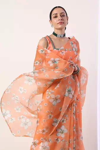 Coral Printed Organza Saree With Coral Blouse (Set Of 2)