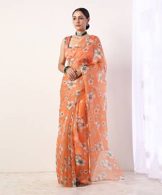 Coral Printed Organza Saree With Coral Blouse (Set Of 2) 1