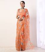 Coral Printed Organza Saree With Coral Blouse (Set Of 2)