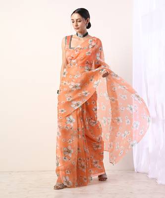 Coral Printed Organza Saree With Coral Blouse (Set Of 2) 3