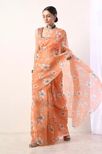 Coral Printed Organza Saree With Coral Blouse (Set Of 2)