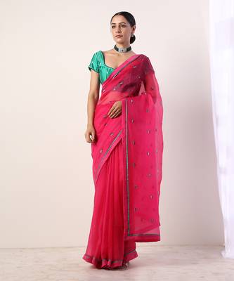 Pink Solid Fuchsia Embroidered Organza Saree (Set Of 2) 1