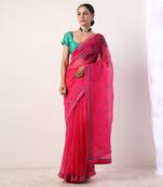 Pink Solid Fuchsia Embroidered Organza Saree (Set Of 2)
