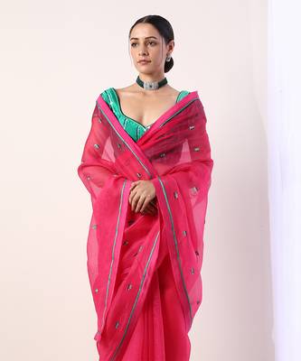Pink Solid Fuchsia Embroidered Organza Saree (Set Of 2) 2