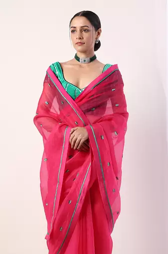 Pink Solid Fuchsia Embroidered Organza Saree (Set Of 2)