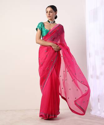 Pink Solid Fuchsia Embroidered Organza Saree (Set Of 2) 3