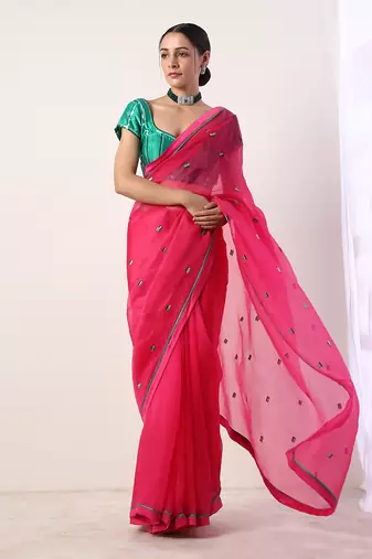 Pink Solid Fuchsia Embroidered Organza Saree (Set Of 2)
