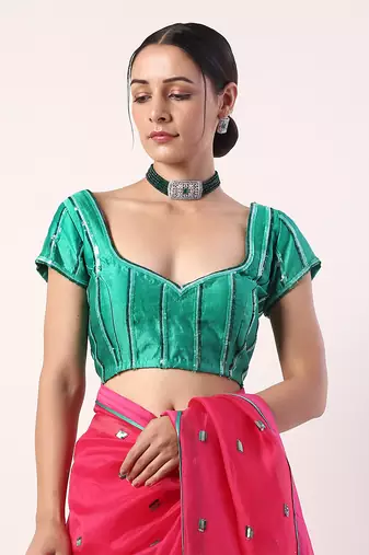 Pink Solid Fuchsia Embroidered Organza Saree (Set Of 2)
