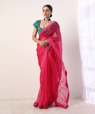 Solid Fuchsia Embroidered Organza Saree (Set Of 2) 1