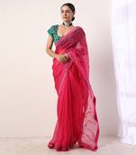 Solid Fuchsia Embroidered Organza Saree (Set Of 2)