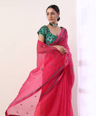 Solid Fuchsia Embroidered Organza Saree (Set Of 2) 2