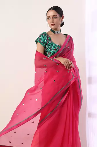 Solid Fuchsia Embroidered Organza Saree (Set Of 2)