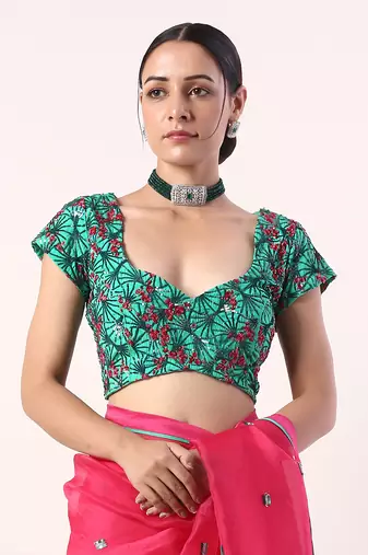 Solid Fuchsia Embroidered Organza Saree (Set Of 2)