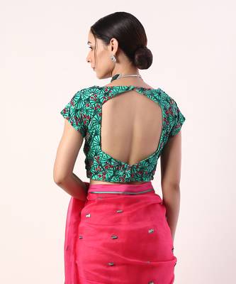 Solid Fuchsia Embroidered Organza Saree (Set Of 2) 4