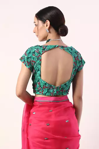 Solid Fuchsia Embroidered Organza Saree (Set Of 2)