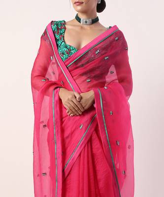 Solid Fuchsia Embroidered Organza Saree (Set Of 2) 5