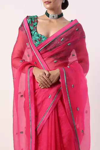 Solid Fuchsia Embroidered Organza Saree (Set Of 2)