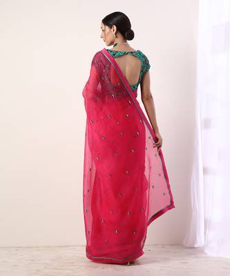 Solid Fuchsia Embroidered Organza Saree (Set Of 2) 6