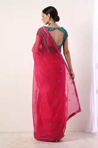 Solid Fuchsia Embroidered Organza Saree (Set Of 2)