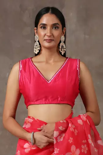 Printed Fuchsia Saree With Monotone Blouse (Set Of 2)