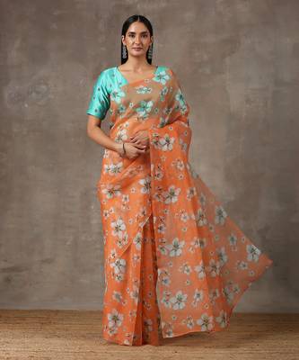 Printed Coral Saree With Teal Beaded Blouse (Set Of 2) 1