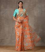 Printed Coral Saree With Teal Beaded Blouse (Set Of 2)